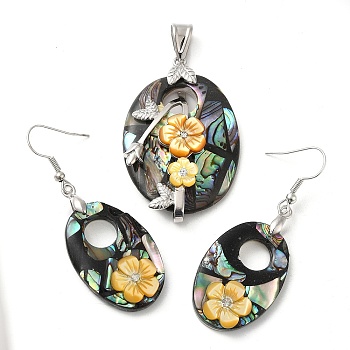 Natural Paua Shell Oval & White Shell Flower Jewelry Set, Rhinestone Dangle Earrings & Pendants with Brass Findings, Platinum, 56x21mm, 48x30.5x9.5mm, Hole: 9x5.5mm