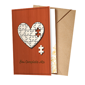 3D Pop Up Wood Greeting Card for Birthday Party Day, Rectangle, Word You Complete Me, Heart, 150x100x3mm