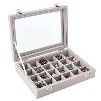 Rectangle Velvet Jewelry Presentation Boxes with 24 Compartments, Glass Visible Window Jewelry Organizer Case with Platinum Tone Alloy Clasps, Light Grey, 20.4x15.7x4.5cm, Compartments: 2.75x3.2cm