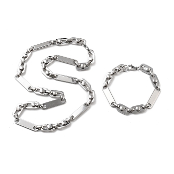 Anti-Tarnish 201 Stainless Steel Oval Link Chain Necklace & Bracelets Set, 304 Stainless Steel Clasp Jewelry Set for Men Women, Stainless Steel Color, 23.50 inch(597mm), 8.35 inch(212mm)