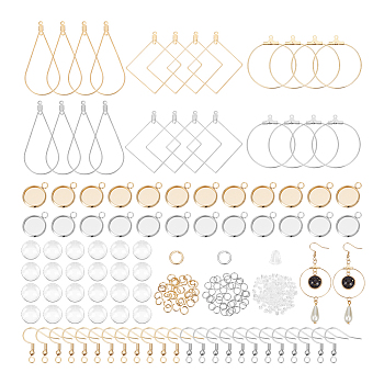 DIY Blank Dome Earring Jerwelry Kit, Including Teardrop & Rhombus & Ring 304 Stainless Steel Charms & Earring Hooks, Plastic Ear Nuts, Glass Cabochons, Golden & Stainless Steel Color, 256Pcs/box