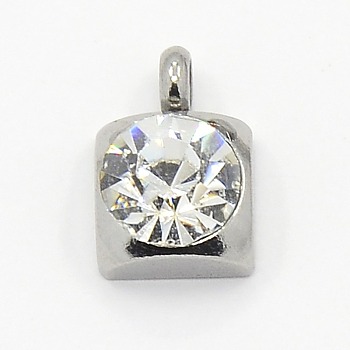201 Stainless Steel Rhinestone Square Charm Pendants, Grade A, Faceted, Crystal, 9x6x4mm, Hole: 1mm