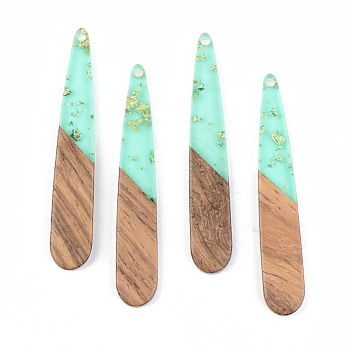 Transparent Resin & Walnut Wood Pendants, with Gold Foil, teardrop, , Pale Turquoise, 44x7.5x3mm, Hole: 1.5mm