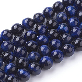 Natural Blue Tiger Eye Beads Strands, Dyed & Heated, Round, Midnight Blue, 8mm, Hole: 1mm, about 24pcs/strand, 7.8 inch