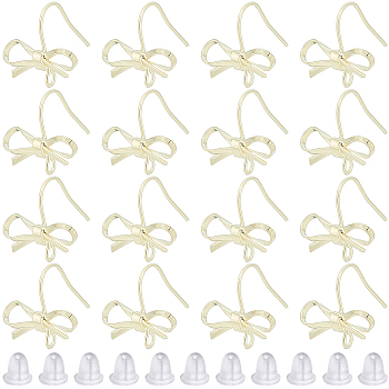 28Pcs Bowknot Shape Brass Earring Hook, with Loops & 40Pcs Plastic Ear Nuts, Golden, 22 Gauge, 16x15mm, Hole: 2mm, Pin: 0.6mm