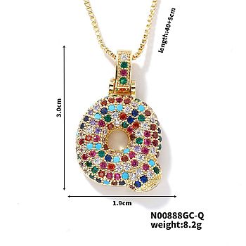 Brass Pave Colorful Cubic Zirconia Letter Pendant Box Chain Necklaces, Golden, Letter Q, 15.75 inch(40cm)