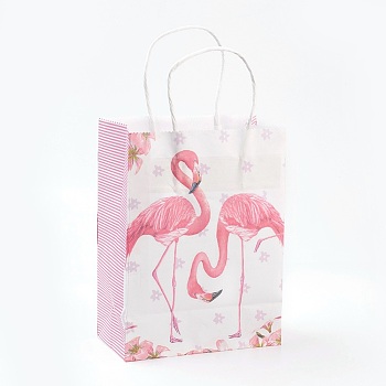 Rectangle Paper Bags, with Handles, Gift Bags, Shopping Bags, Flamingo Shape Pattern, For Valentine's Day, Misty Rose, 21x15x8cmm