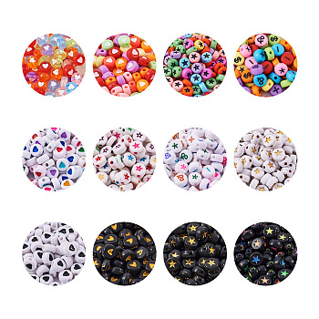 1200Pcs 12 Style Opaque Acrylic Beads, Flat Round with Mixed  Pattern , Mixed Color, 100pcs/style