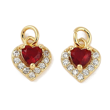 Natural Carnelian(Dyed & Heated) Charms, Brass Micro Pave Clear Cubic Zirconia Charms with Jump Rings, Real 18K Gold Plated, Heart, 8.5x8x3.5mm, Hole: 2.5mm