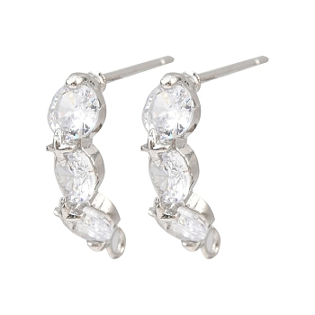 Flat Round Brass Micro Pave Clear Cubic Zirconia Stud Earring Findings, Lead Free & Cadmium Free & Nickel Free, with Loop, Platinum, 14x4mm, Hole: 1mm, Pin: 11.5x1mm