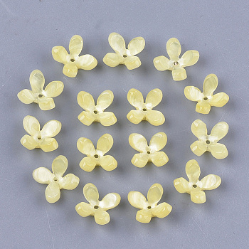 Cellulose Acetate(Resin) Bead Caps, 4-Petal, Flower, Yellow, 13x13x3mm, Hole: 1mm