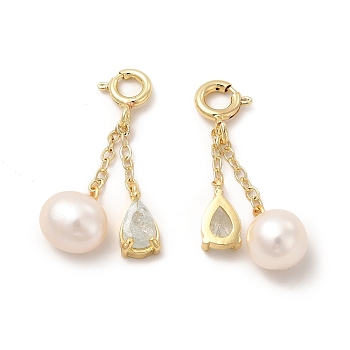 Brass Pave Clear Cubic Zirconia Teardrop Spring Ring Clasp Charms, with Natural Pearl Round Beads, Real 14K Gold Plated, 30mm, Bead: 30x9x7.5mm, Teardrop: 26x5x2.5mm