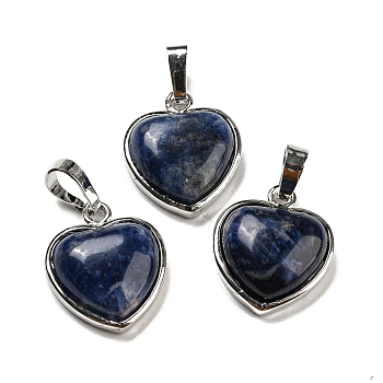 Natural Sodalite Pendants, Heart Charms with Platinum Plated Brass Snap on Bails, 20.5x17.5x7mm, Hole: 4x8mm