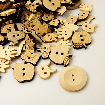 Wood Buttons, Mixed Shapes, BurlyWood, 13~28x10~28x2~5mm, Hole: 1.5~2mm