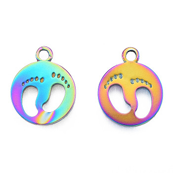 Ion Plating(IP) 201 Stainless Steel Pendants, Flat Round with Footprints, Rainbow Color, 18.5x15x1.5mm, Hole: 1.8mm