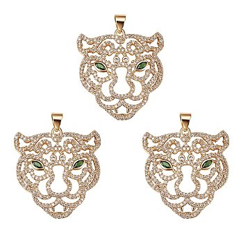 3Pcs Brass Micro Pave Clear & Green Cubic Zirconia Pendants, Long-Lasting Plated, Lead Free & Cadmium Free, Tiger Head, Real 18K Gold Plated, 28.5x27x4.5mm, Hole: 5x3mm
