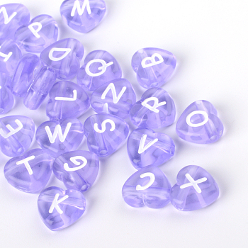 Transparent Acrylic Heart Horizontal Hole Letter Beads, Medium Purple, 10.5x11.5x4.5mm, Hole: 2mm
