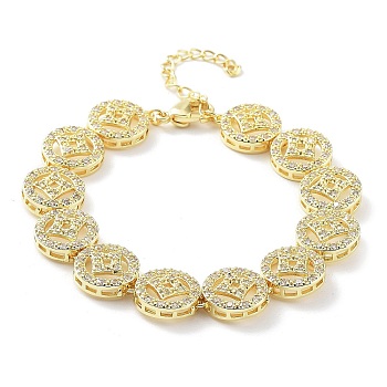 Rack Plating Brass Cubic Zirconia Flat Round Link Chain Bracelets for Women, Lead Free & Cadmium Free, Real 18K Gold Plated, Inner Diameter: 7-3/8 inch(18.6cm)