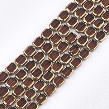 Electroplate Glass Beads Strands, Edge Plated, Rectangle, Saddle Brown, 9.5~10x7.5~8x4mm, Hole: 1mm, about 30pcs/strand, 11.4 inch