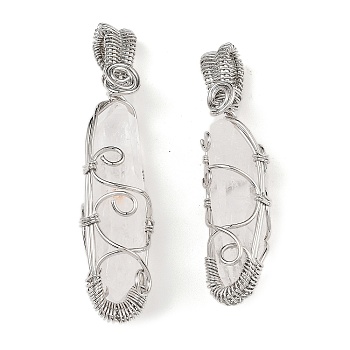 Natural Quartz Crystal Pendants, with Platinum Tone Rack Plating Brass Wire Wrap, Lead Free & Cadmium Free, Cone, 59~70x15.5x14mm, Hole: 4mm