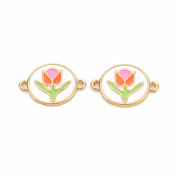 Brass Enamel Links Connectors, Cadmium Free & Nickel Free & Lead Free, Flat Round with Flower, Real 16K Gold Plated, 11.5x17.5x1.5mm, Hole: 1.2mm