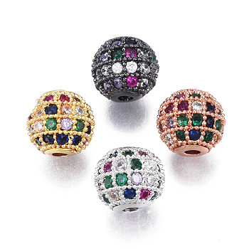 Rack Plating Brass Cubic Zirconia Beads, Long-Lasting Plated, Round, Mixed Color, 8.5x7.5mm, Hole: 1.6mm