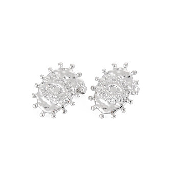 304 Stainless Steel Stud Earring Findings, Earring Setting for Enamel, with Ear Nuts and Loops, Oval with Evil Eye, Stainless Steel Color, 19x15mm, Hole: 2mm, Pin: 0.7mm, Tray: 2mm