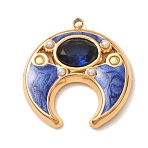304 Stainless Steel & Glass Pendants, Crescent Moon Charms, with Enamel & Plastic Pearl, Golden, 24x22x4mm, Hole: 1.5mm(SA-CBAB1B6-05G)