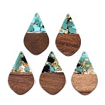 Transparent Resin and Walnut Wood Pendants, Teardrop Charms with Gold Foil, Light Sea Green, 48.5x28x3.5mm, Hole: 2mm(RESI-T057-06J)