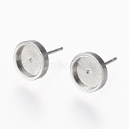 Tarnish Resistant 304 Stainless Steel Stud Earring Settings, Flat Round, Stainless Steel Color, 13x10mm, Tray: 8mm, Pin: 0.8mm(STAS-L195-02B)