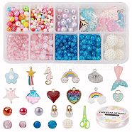 DIY Jewelry Making Kits, Including Poly Styrene Acrylic Beads, Crackle Glass Beads, Spray Painted Crackle Glass Beads, Imitation Pearl Acrylic Beads, Sea Horse Alloy Enamel Pendants, Mixed Color, Pendants: about 13~46x10~30x1.5~9mm, Beads: about 4~14mm(DIY-SZ0004-72)