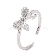 Clear Cubic Zirconia Bowknot Open Cuff Ring, Brass Jewelry for Women, Platinum, Inner Diameter: 18mm(RJEW-I094-07P)