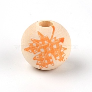 Schima Wood Beads, Round with Maple Leaf Plaid Patten, Orange, 15~16mm, Hole: 4mm(WOOD-TAC0007-45C)