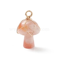 Natural Cherry Blossom Agate Pendants, Mushroom Charm, with Light Gold Tone Eco-Friendly Copper Wire Wrapped, 27.5x16mm, Hole: 3mm(PALLOY-TA00005-04)