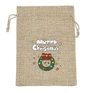 Christmas Printed Burlap Packing Pouches Drawstring Bags, Rectangle, Tan, Christmas Wreath, 18x13x0.01cm(ABAG-Q053-02B-09)