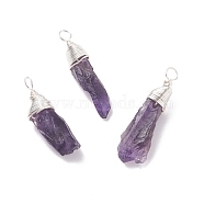 Rough Natural Amethyst Pendants, with Silver Tone Copper Wire Wrapped, Nuggets, 26~31.5x7~9.5x6~8mm, Hole: 3~3.5mm(PALLOY-JF01442)