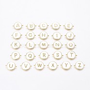 Golden Plated Brass Links, with White Enamel, Flat Round with Letter, Mixed, 13x17.5x1.5mm, Hole: 1.2mm(KK-F807-28-G01)