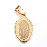 304 Stainless Steel Pendants, Oval with Virgin Mary, Golden, 21x13x1.5mm, Hole: 4.5x6.5mm(STAS-G102-47G)
