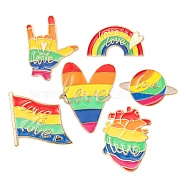 6Pcs 6 Style Creative Zinc Alloy Brooches, Enamel Pin, with Iron Butterfly Clutches or Rubber Clutches, Rainbow, Planet & Flag & Heart & Rainbow & Gesture, Mixed Color, 15~32.5x13~25mm, Pin: 1mm, 1pc/style(JEWB-LS0001-36)