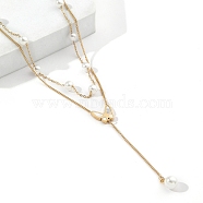 201 Stainless Steel Curb Chains Double Layer Necklaces with ABS Imitation Pearl Beaded, Natural Shell Butterfly Pendant Necklace, Golden, 15.94 inch(40.5cm)(NJEW-D055-13G)