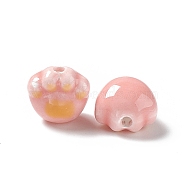 Handmade Printed Porcelain Beads, Cat Paw Prints, Pink, 12x12x9mm, Hole: 2mm(PORC-F006-01B)
