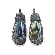 Natural Labradorite Carved Big Pendants, Palm Charms with Platinum Plated Rack Plating Brass Snap on Bails, 50.5x18x9.5mm, Hole: 5x4mm(G-B085-14P)