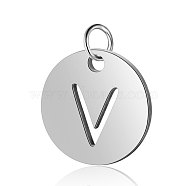 304 Stainless Steel Charms, Flat Round with Letter, Stainless Steel Color, Letter.V, 12x1mm, Hole: 2.5mm(STAS-S105-T514S-V)