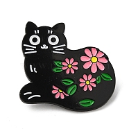Cartoon Cat & Flower Enamel Pins, Black Alloy Brooch for Backpack Clothes, Pale Violet Red, 28x30x1.5mm(JEWB-H017-01EB-02)