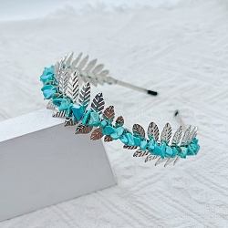 Synthetic Turquoise Chip Hair Bands, Hair Accessories for Bridal, with Metal Leaf Hair Hoop, 150x125x35mm(PW-WG55675-03)