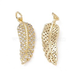 Brass Micro Pave Clear Cubic Zirconia Pendants, with Jump Ring, Feather Charm, Real 18K Gold Plated, 28x9x3.5mm, Hole: 3.5mm(KK-E068-VB137)