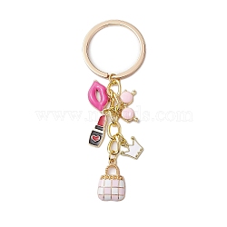 Alloy and Enamel Keychain, with Iron Key Rings, Crown & Lip & Lipstick Charm, Golden, 9.3cm(KEYC-JKC00839)