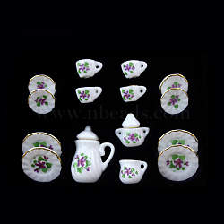 Mini Porcelain Tea Set, including 2Pcs Teapots, 5Pcs Teacups, 8Pcs Dishes, for Dollhouse Accessories, Pretending Prop Decorations, Floral Pattern, 121x86x25mm, 15pcs/set(BOTT-PW0001-213A-07)