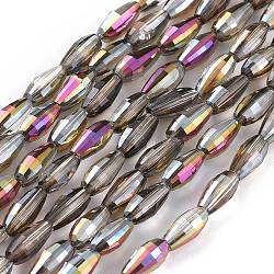 Electroplated Glass Beads Strands, Half Plated, Rice, Purple, 8.5x4mm, Hole: 1mm, about 72pcs/Strand, 24.57''(62.4cm)(EGLA-H100-HP01)