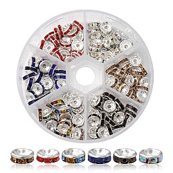 120Pcs 6 Colors Iron Flat Round Spacer Beads, with Rhinestone, Platinum, Mixed Color, 8mm, 20pcs/color(IFIN-YW0001-53)
